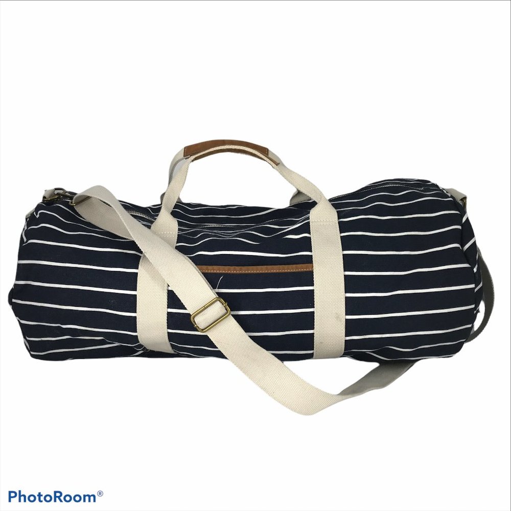 Duffle Bag Luggage Overnight Bag Large Cotton Brass Zipper Navy Stripe 12 x 24